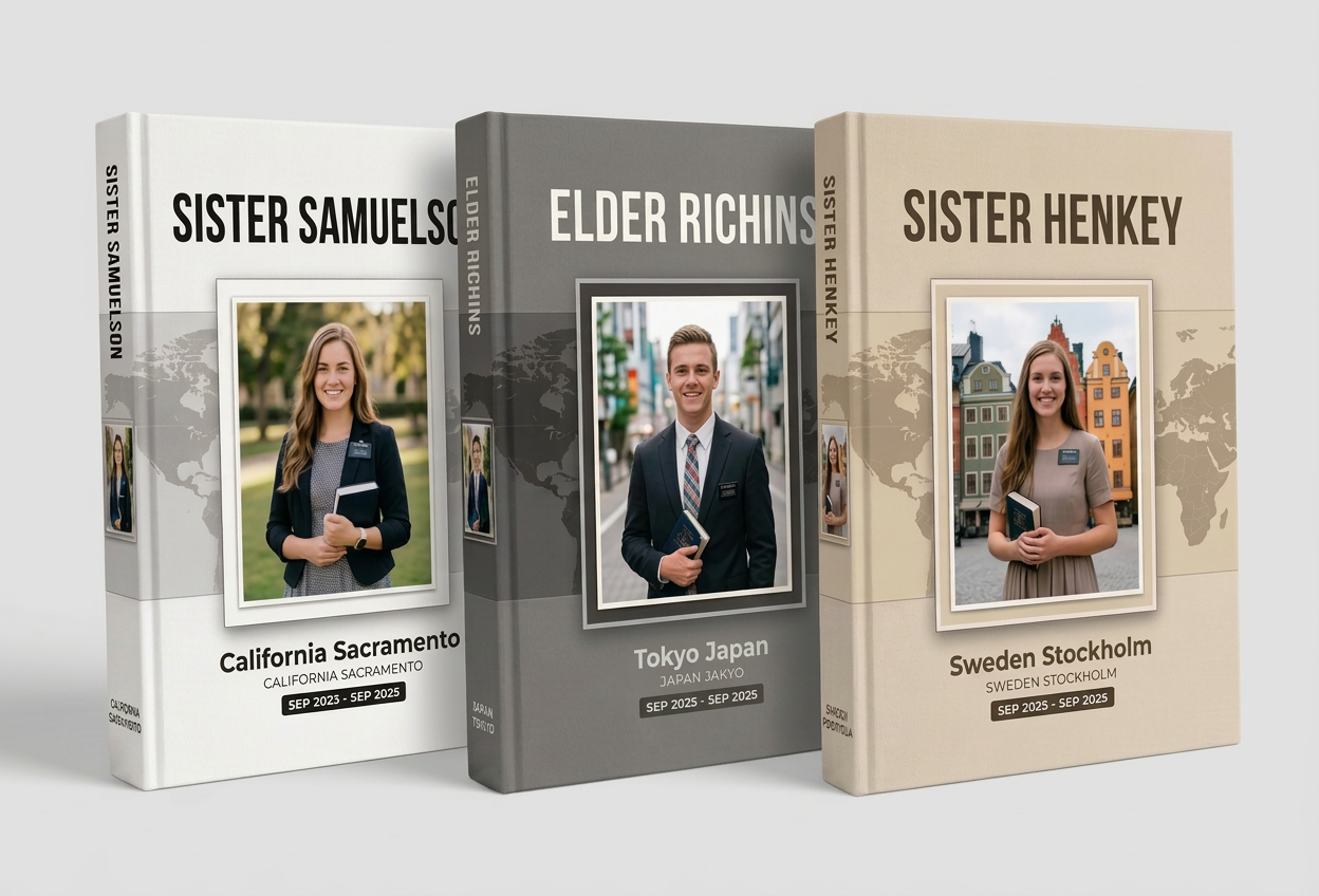 Three custom hardcover mission memory books showing personalized spines and photo covers.