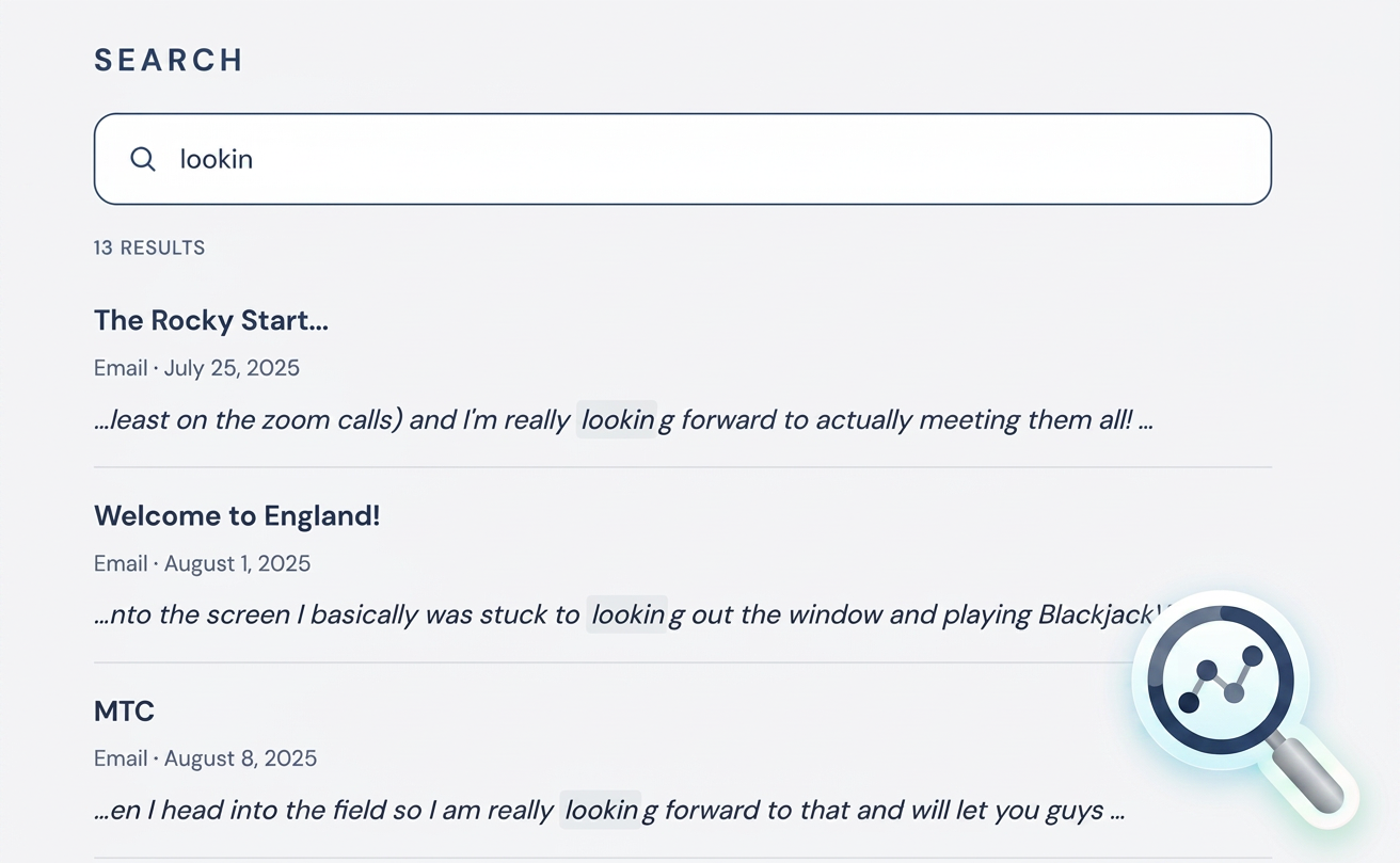 Search box filtering mission emails as text is typed.