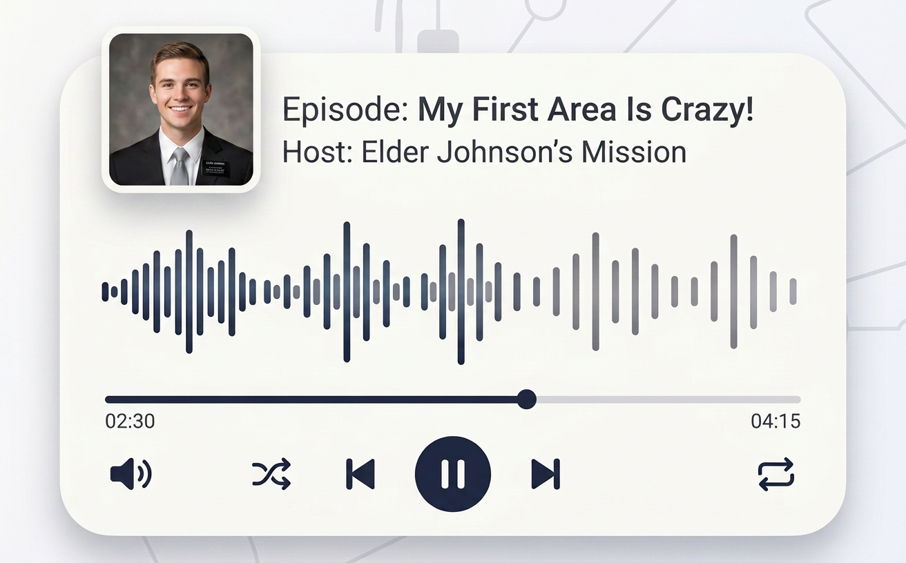 Audio player displaying a missionary audiobook, episode title, and sound waveform.