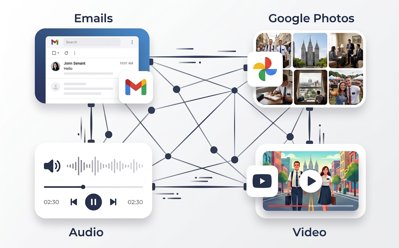 Diagram connecting Gmail, Google Photos, audio, and video into a single system.
