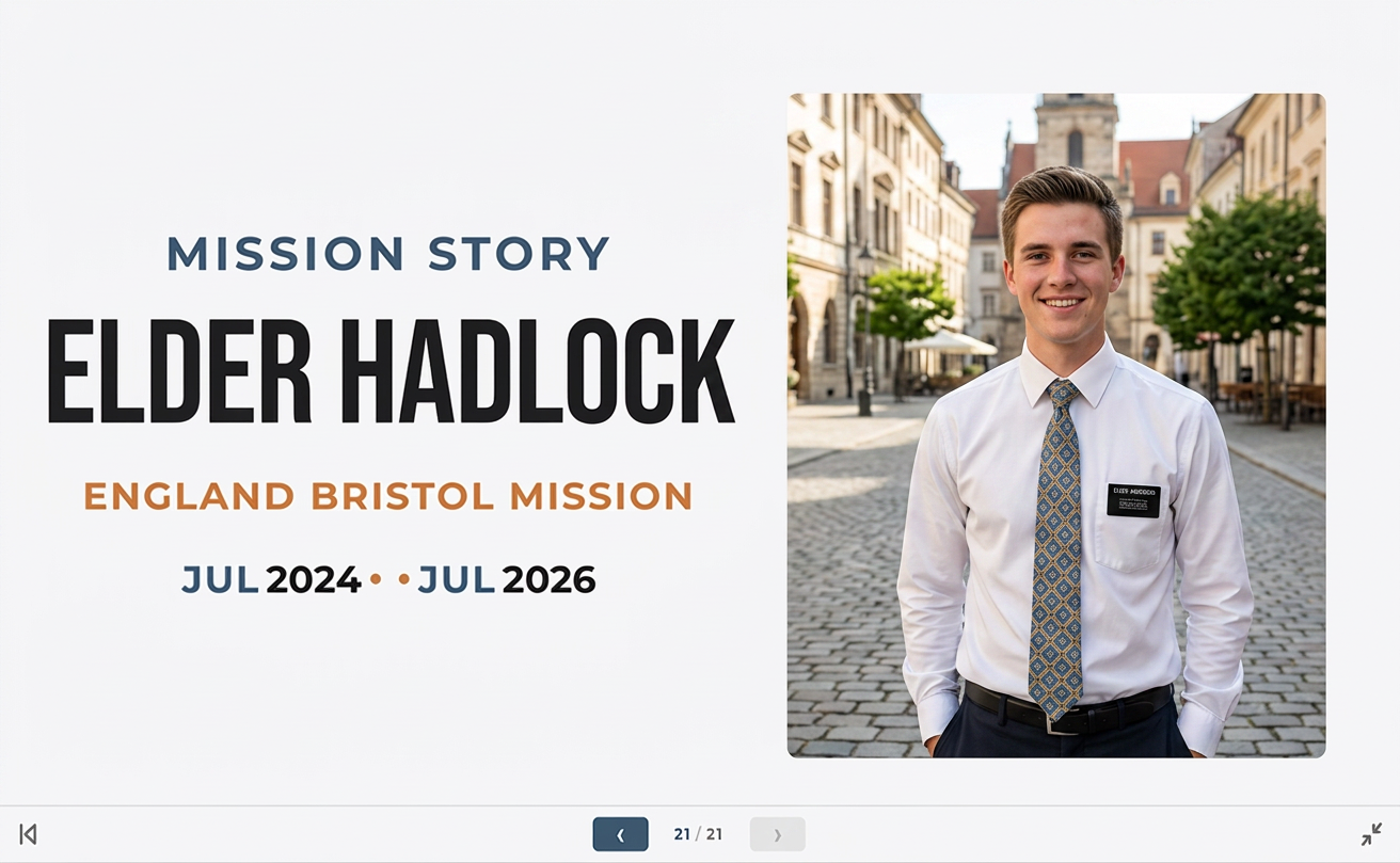 Mission Story slideshow title card featuring a missionary portrait and dates.