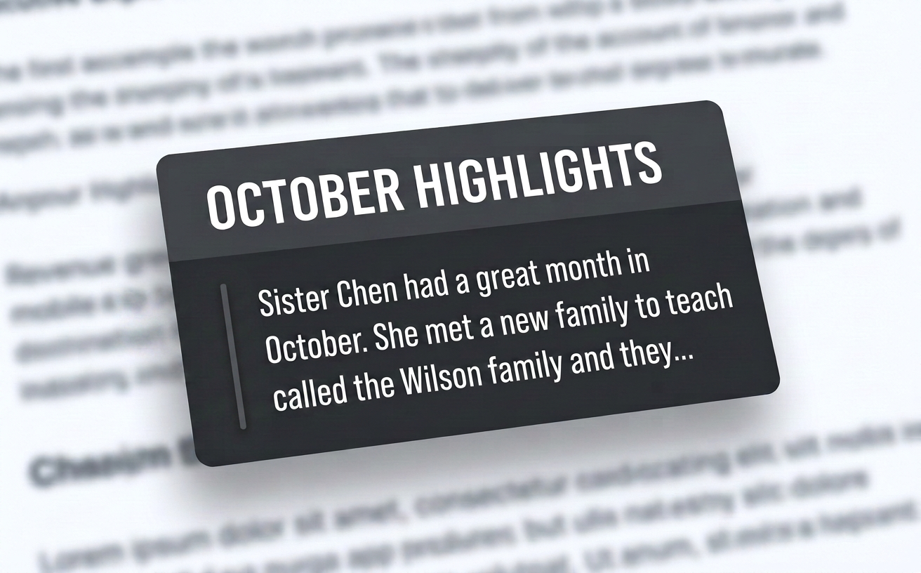 Mission highlights summary card floating over blurred email text.